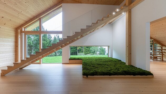 Modern minimalist wooden house interior with floating staircase