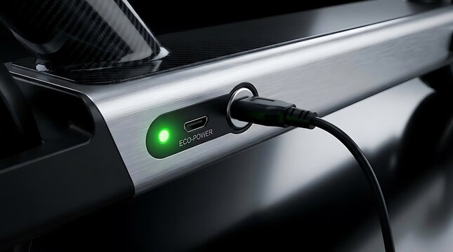 Close-up of electric vehicle charging port with green light.