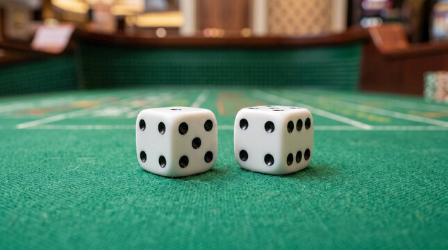 Dice rolling on felt table with two white dice showing dots in casino environment. Dice display contrasting colors against rich green felt surface in lively gaming atmosphere. Concept for gaming,