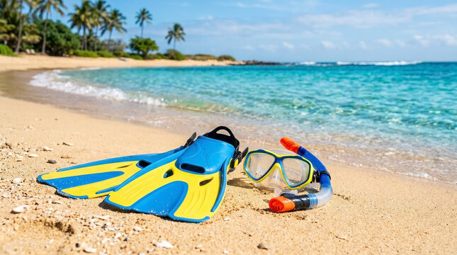 Snorkeling equipment with fins and diving mask on sandy beach in tropical paradise. Colorful snorkel set and bright flippers resting on shore with waves in background.