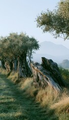 Fototapeta premium Timeless olive trees frame a peaceful path leading to distant hazy mountain views
