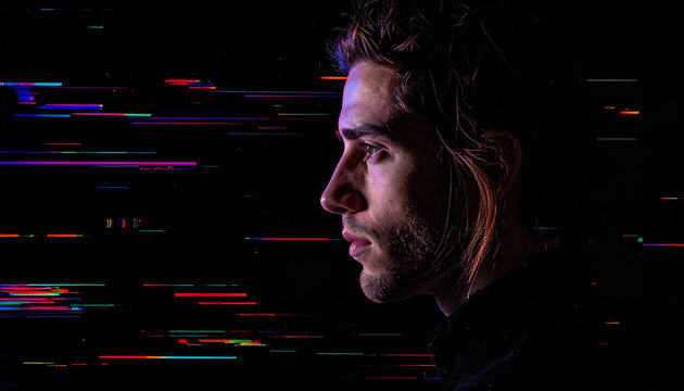 Profile of a man with long hair against a black background with colorful horizontal lines, digital art
