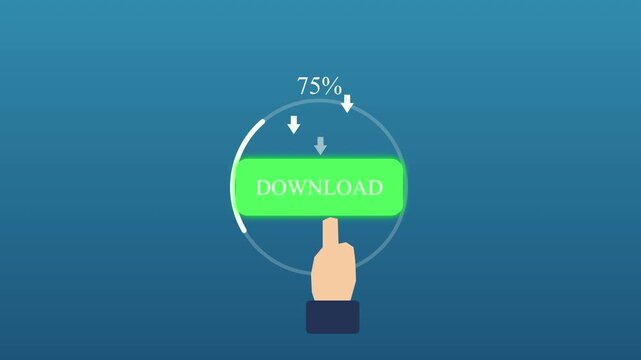 Businessman hand clicks glowing green download button, progress circle loading animation, digital data transfer, blue background