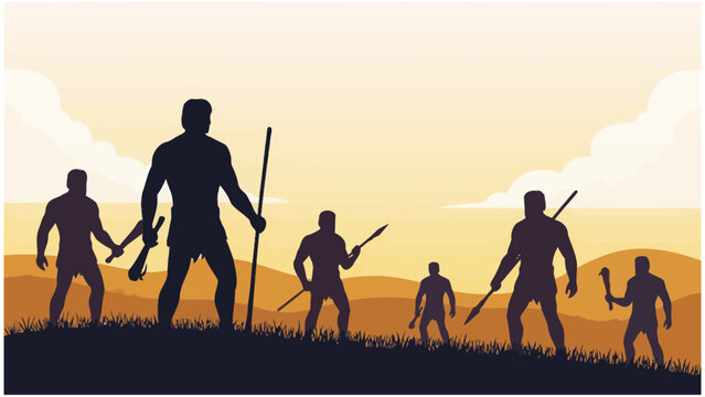 Silhouette vector illustration of a group of prehistoric cavemen hunters with primitive weapons