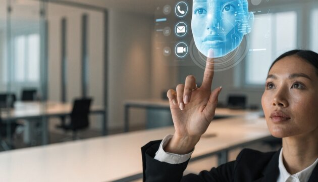 A businesswoman interacts with a futuristic digital interface displaying a holographic human face and communication icons.