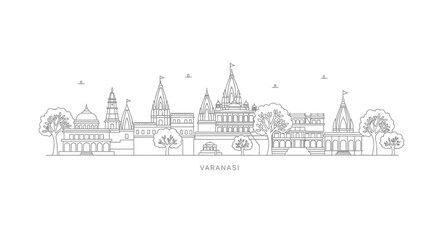 Fototapeta premium Varanasi skyline outline, India. Temple city architecture, travel landmark illustration.
