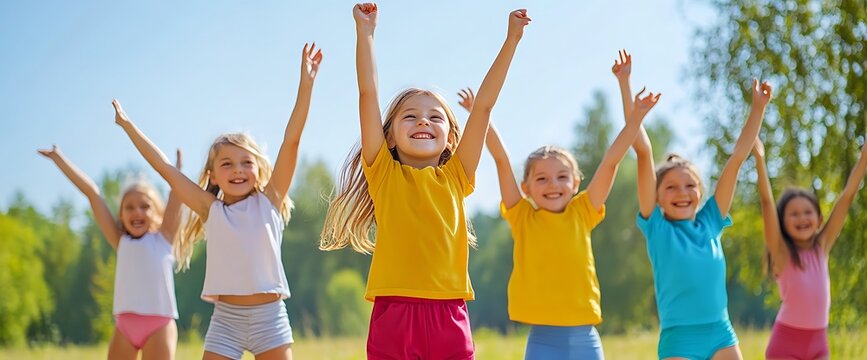 Group of happy children raising their hands in the air outdoors.