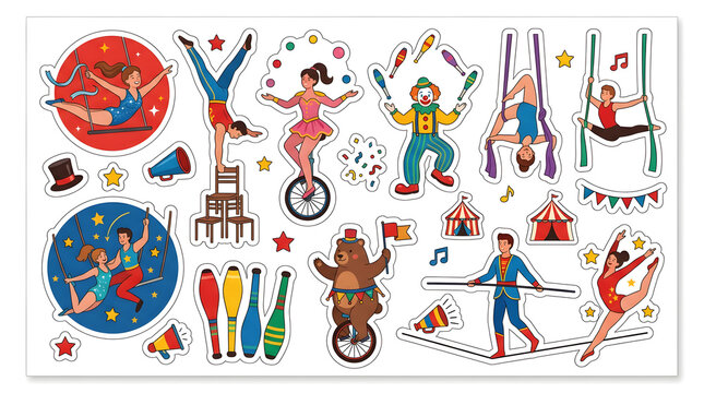 Circus Wonders: A vibrant collection of illustrated circus performers, including acrobats, jugglers, a unicyclist bear, and a tightrope walker.