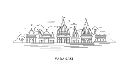 Obraz premium Varanasi skyline, thin line art, ancient temples, ghats, India architecture