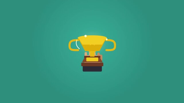 Pixel art animation of a businessman holding a golden trophy cup, award success achievement motion graphic