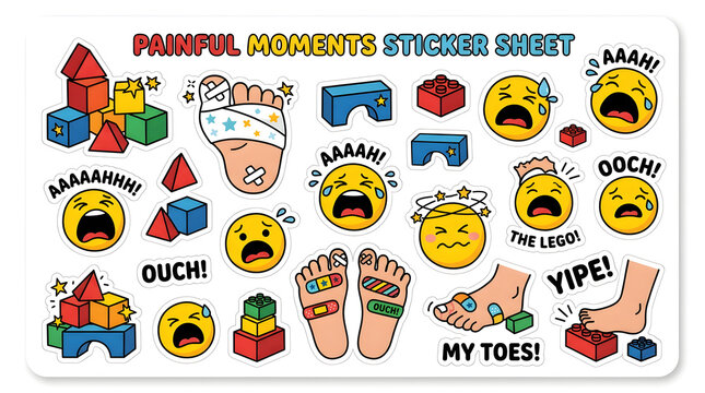 Painful Moments Sticker Sheet: A collection of humorous stickers depicting common childhood mishaps and painful experiences, such as stubbed toes and scraped knees.
