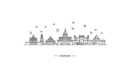Obraz premium Varanasi Skyline Doodle Art with Birds Flying - India Cityscape Illustration