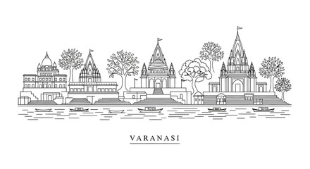Obraz premium Varanasi skyline: Holy Ganges riverfront, temples, and boats illustration