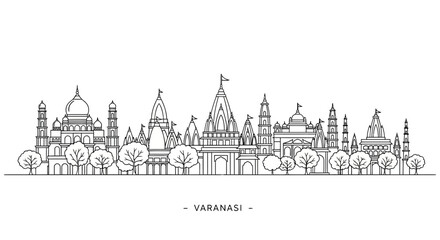 Fototapeta premium Varanasi Skyline Illustration: Iconic Indian Architecture and Temples in Line Art