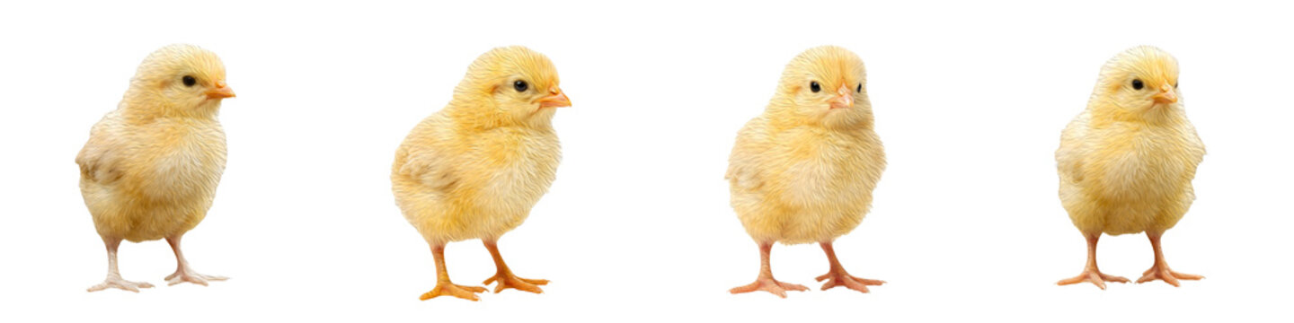 Cute Little Yellow Baby Chicks Standing Isolated on White Background: High-Resolution Stock Photo of Farm Animals for Spring and Easter Design Projects