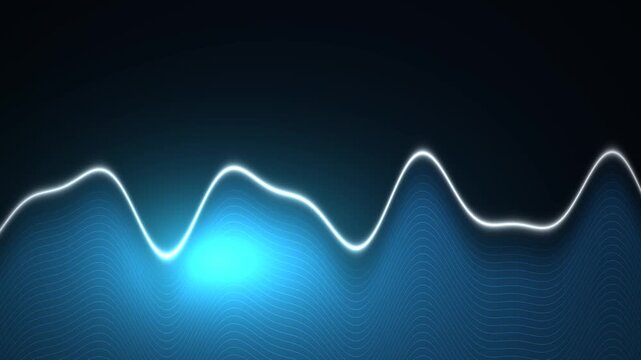 Glowing blue audio waveform animation, digital sound frequency visualizer, neon pulse wave on dark background