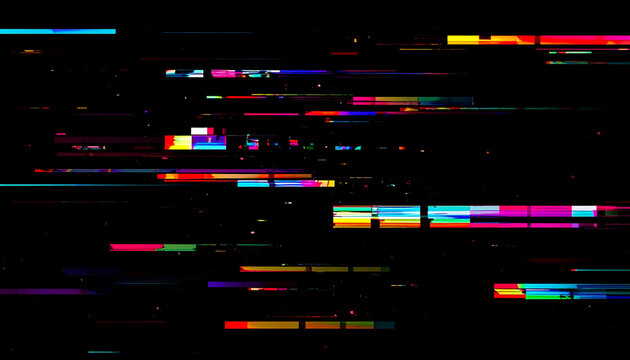 Abstract digital glitch art background with colorful horizontal stripes and lines on a black backdrop