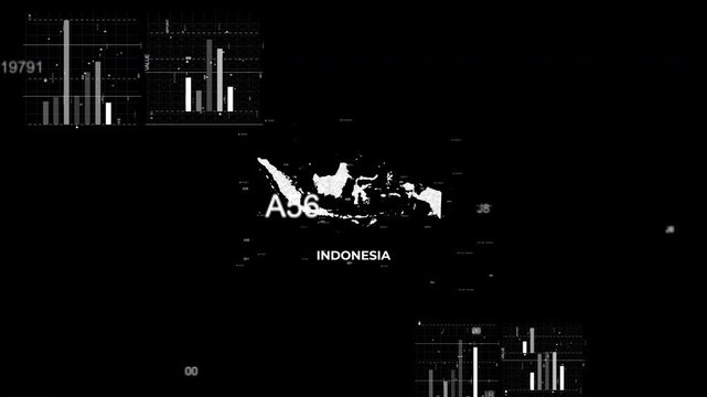 Indonasia map animation showcasing economy, infrastructure, technology, population, energy, trade, and national development data for presentations, films, documentaries, and motion graphics.