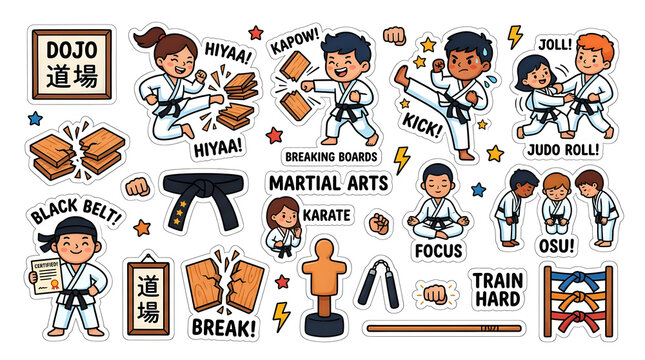 Martial Arts Dojo Fun: A vibrant collection of cartoon illustrations showcasing the energetic world of martial arts, from breaking boards and kicking to bowing and training, all within a fun.