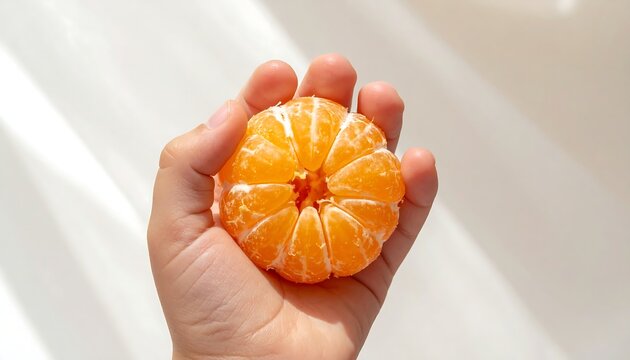 A hand holding a peeled fresh mandarin orange slice segment on a white background.