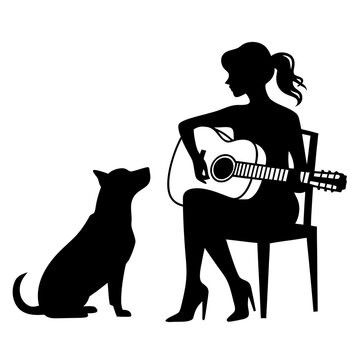 Silhouette of woman playing guitar for her attentive canine companion. Creative woman playing guitar on chair, dog sits nearby, enjoying melody. Concept woman playing guitar depicts harmony