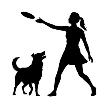 Silhouette woman throwing frisbee with dog, active outdoor play. Energetic woman with dog, disc launch showing cheerful interaction. Lifestyle concept woman throwing frisbee with dog.