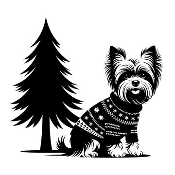 Adorable Yorkshire terrier Christmas illustration shows fluffy dog wearing festive sweater next to stylized evergreen tree. Yorkshire terrier Christmas portrait captures cozy holiday spirit.