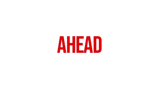 Striking red AHEAD lettering appears on a bright white background, conveying forward movement, direction, progress, navigation, goals, and future-focused ideas.