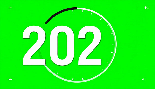 Green screen background with a large white number 202 displayed prominently, featuring a circular timer graphic and registration marks