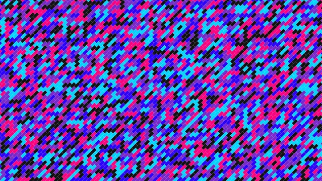 Abstract digital background, featuring diagonal stripes, of small square, pixels in vibrant, neon pink, cyan, blue, purple, and, black colors arranged, in a repeating, grid pattern