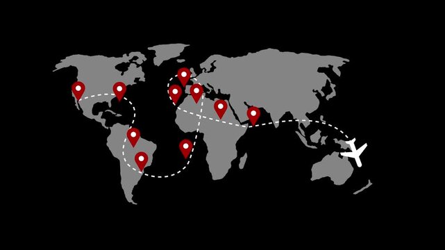 Stylized dotted world map map-pin location markers across continents animation