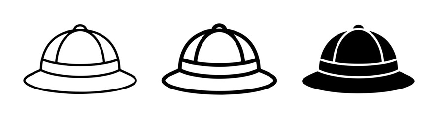 Fototapeta premium Safari Pith Helmet Icons, Explorer Hat Vector Set, Adventure Headwear Graphics