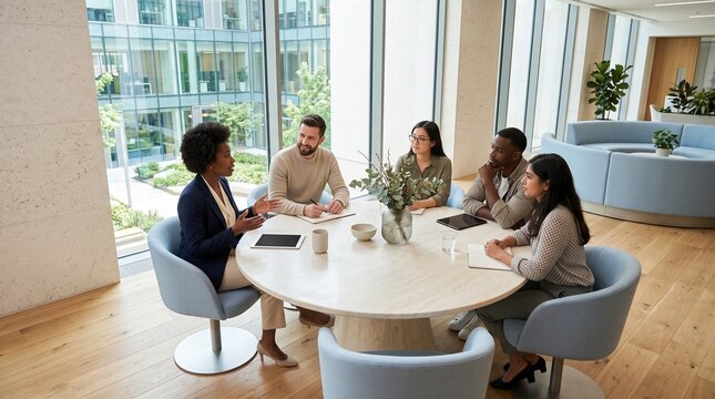 Multiracial group of professional colleagues having a collaborative business meeting in a modern bright office space
