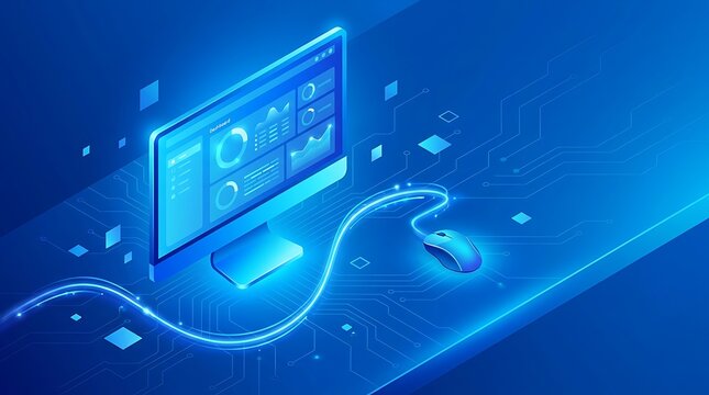 Isometric digital computer workstation with glowing data interface, isometric