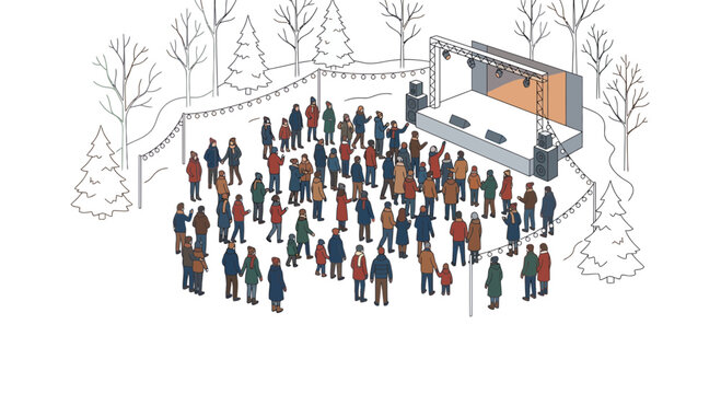 Isometric vector illustration of crowd watching outdoor winter concert stage