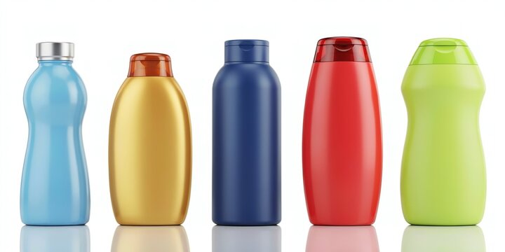 Five colorful cosmetic bottles isolated on white background. Beauty branding.