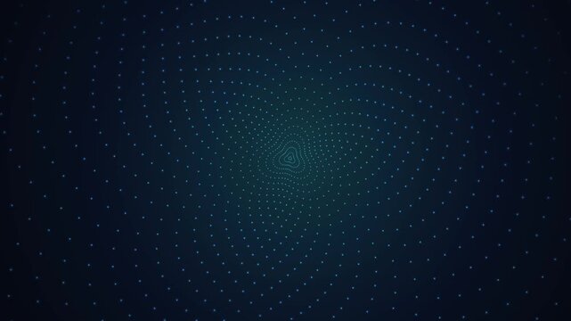 Abstract spiral dot background, dark blue geometric motion graphics, digital particle vortex loop for technology presentations