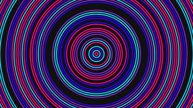 Concentric circles pattern with neon cyan, magenta, and purple rings on a black background, forming a hypnotic radial