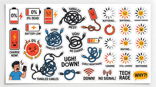 Frustration with Technology: A collection of illustrations depicting low battery, tangled cables, and loading icons, symbolizing the common frustrations faced with modern technology.