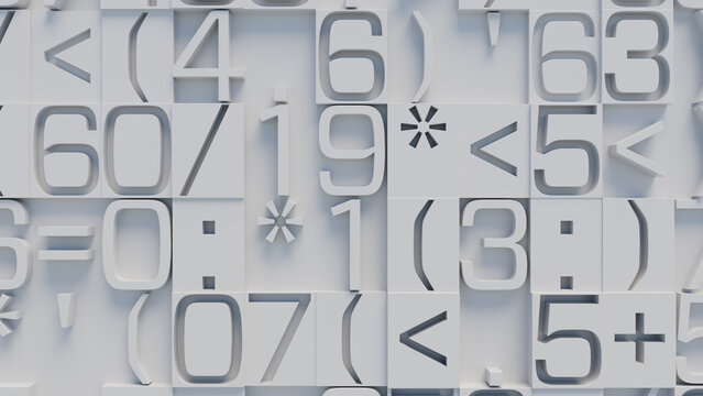 Close-Up of Three-Dimensional White Numbers and Symbols in Varied Sizes on a Neutral Gray Background for Educational Technology, Data Visualization, and Marketing Design Applications