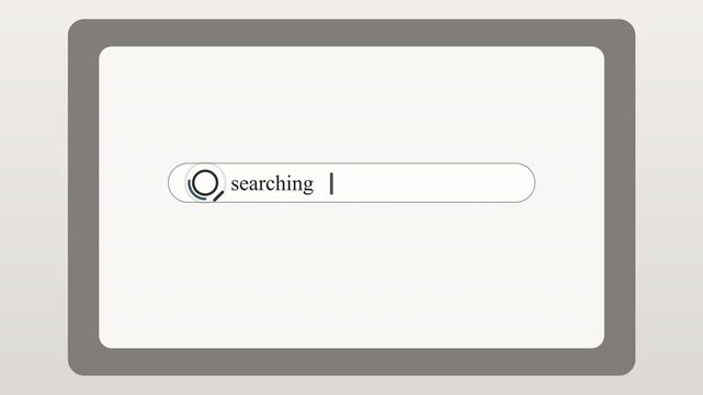Vintage monitor screen shows typing on search bar with animation, searching online browser