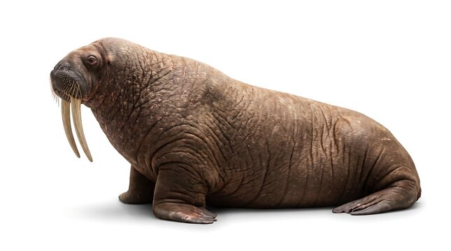 Full body side view of a large walrus isolated on white background.