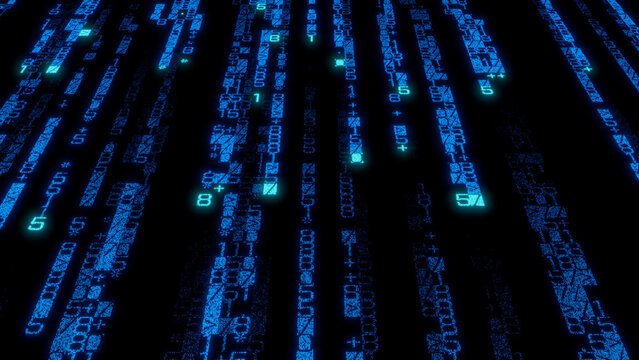 Complex Blue Binary Code Pattern with Vertical Lines on Black Background - High-Detail Digital Art for Technology, Cybersecurity, and Data Visualization Projects