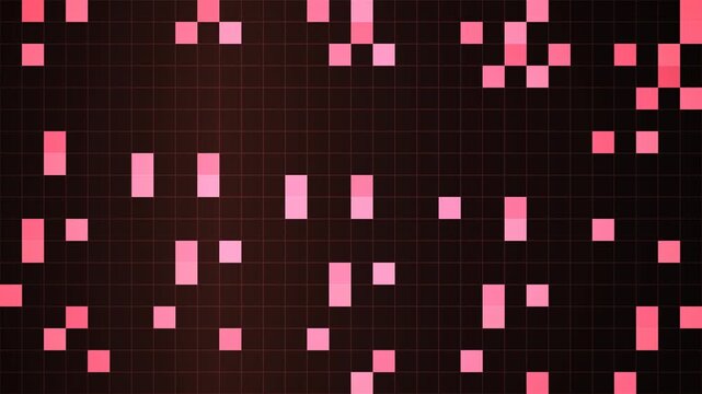 Retro pixel art background, pink digital square pattern on dark grid. Abstract 8-bit aesthetic loop, gaming tech motion graphics.