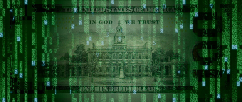 Digital Cash Concept with One Hundred Dollar Bill made from Numbers and Symbols. Modern Banking Wallpaper.