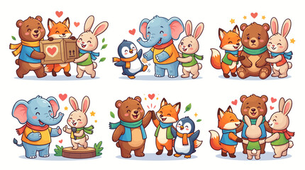Fototapeta premium Set of Cute Cartoon Animals Sharing Joyful Moments and Friendship Hugs
