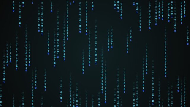 Digital binary code falling data stream representing computer programming and cyber security