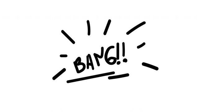Black Text BANG!  scribble doodle animation  with burst effect 4k in white  background