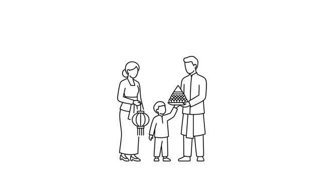 Line art illustration of an Indonesian family celebrating with tumpeng