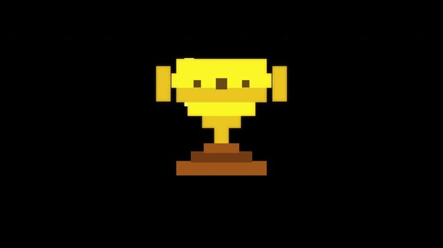 Animated pixel golden trophy icon with digital glitch effect, isolated on black background